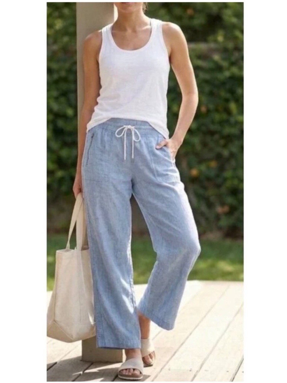 Athleta Mid-Blue Cabo Linen Wide Leg Pull Up Drawstring Pants - Beach Casual